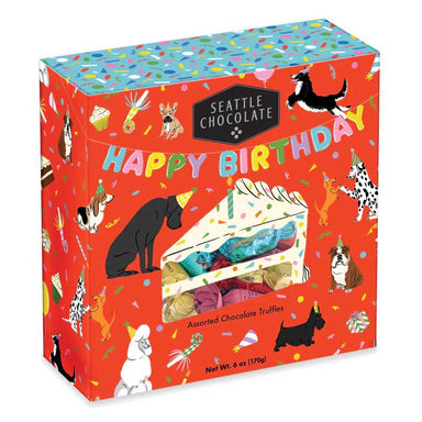 Happy Birthday assorted chocolate truffles colorful box decorated with festive motifs and cute dogs.