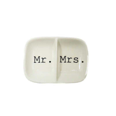 white ceramic mini ring dish that reads MR. and MRS. 