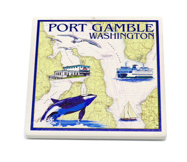Port Gamble souvenir coaster showing a nautical map with an orca wale, and old building, a ferry and a sail boat   