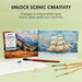 Watercolor coloring book with scenic illustrations on a green background, featuring paintbrushes and watercolor supplies.