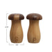 Wooden salt and pepper shakers with measurements on a white background
