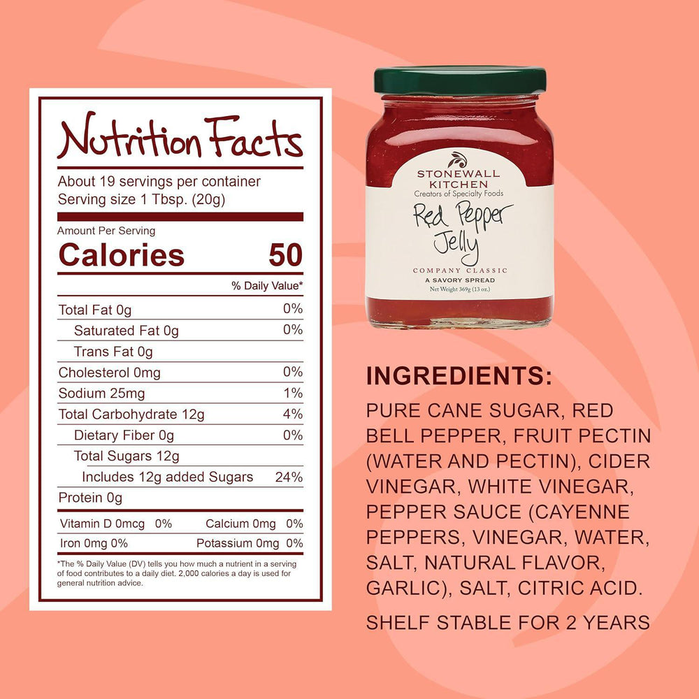 Jar of Red Pepper Jelly with nutrition facts and ingredients listed on a peach background