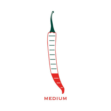 Illustration of a red and green chili pepper with 'MEDIUM' text on a white background