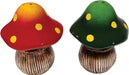 Two wooden mushroom figurines with colorful caps on a white background