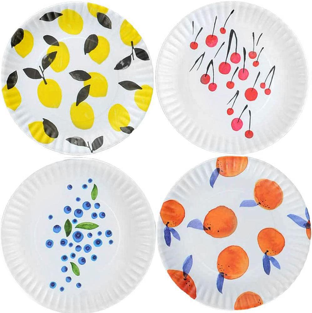 set of 4 fruit design melamine plates that look like paper plates