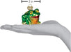 Glass frog ornament held in a hand with measurement label