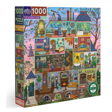 Jigsaw puzzle box with colorful design of a house and various rooms.