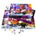 Jigsaw puzzle set with cat-themed pieces and box on a white background