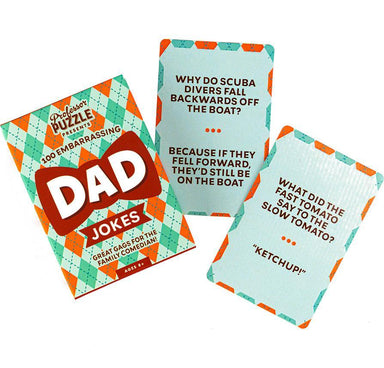 Three cards with humorous dad jokes on a white background
