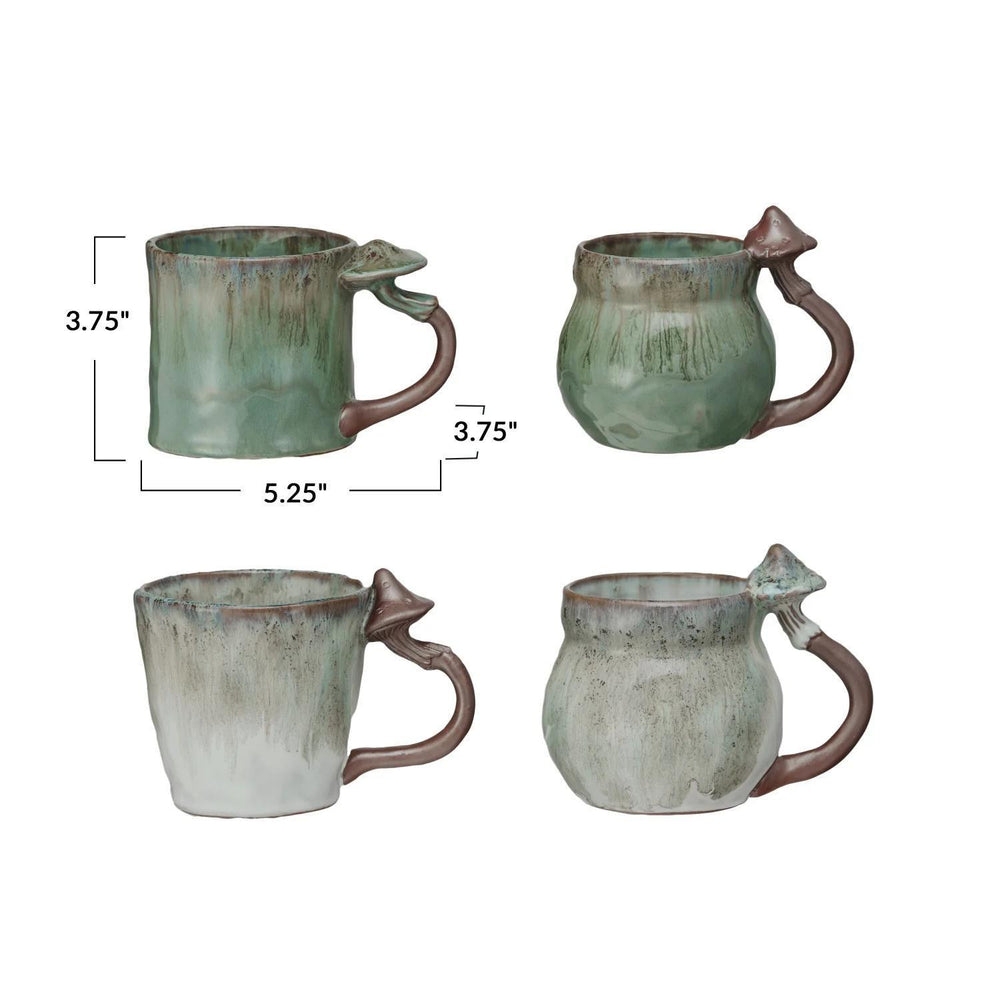 Four green ceramic mugs with handles on a white background, showing measurements.