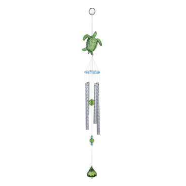 Decorative wind chime with turtle design on a white background