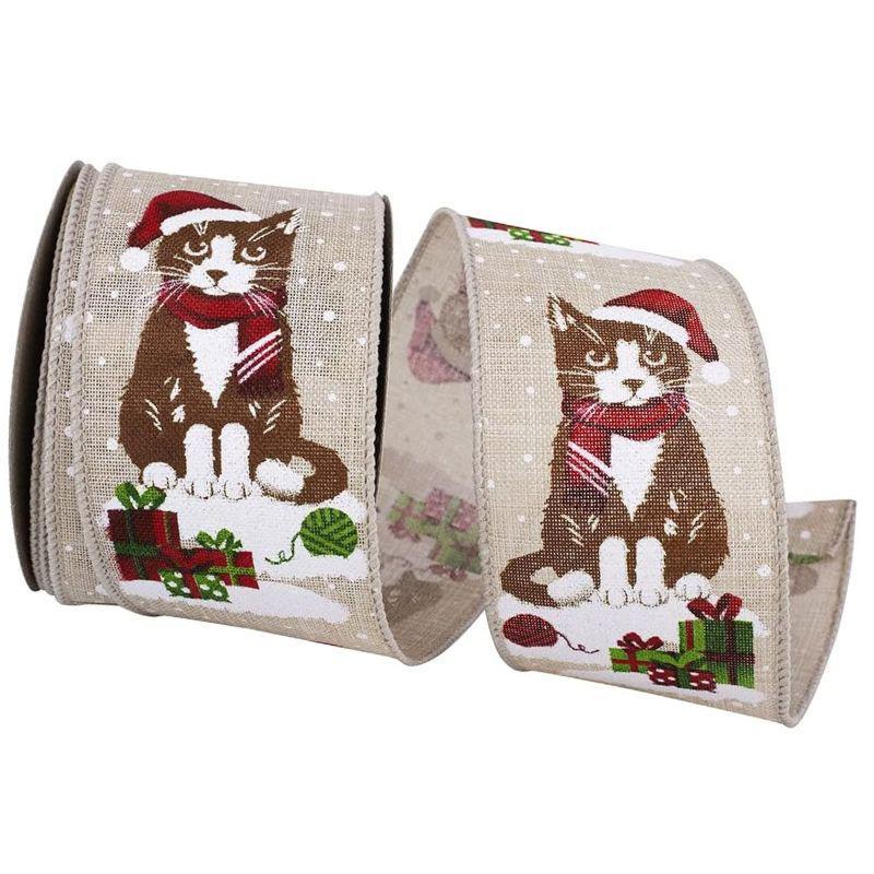 2.5" Christmas Kittens Sparkle Ribbon – Wired Edge, 10 Yards