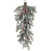 Artificial Christmas garland with green pine branches, red berries, and pink ribbons on a white background.