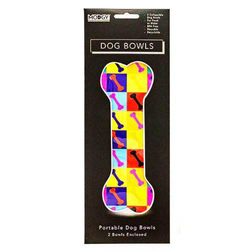 •	Colorful compact collapsible travel dog bowl illustrated with a bone pattern.