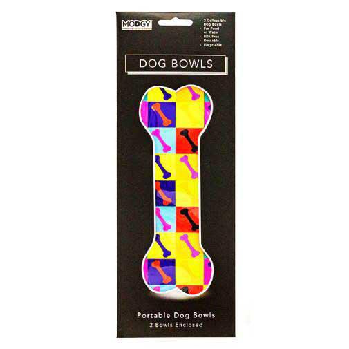 2 portable dog bowls with colorful bones design package