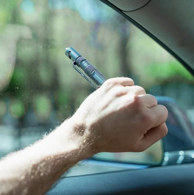 Hand using a car window cleaning tool inside a vehicle with a blurred green outdoor background