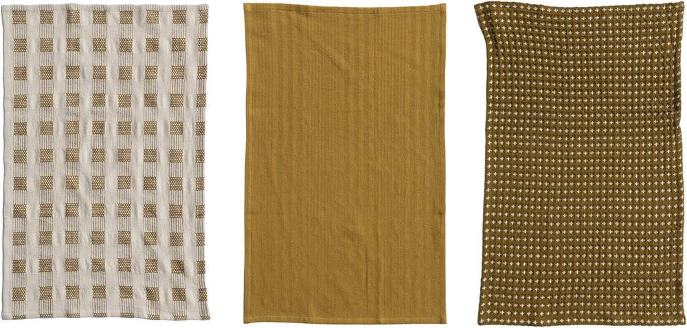 3-Pack Cotton Tea Towels – Creative Co-op Natural & Olive Green Set