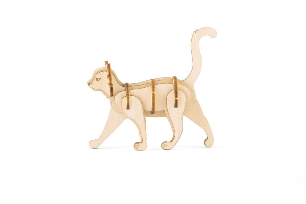 Wooden cat-shaped puzzle on a white background