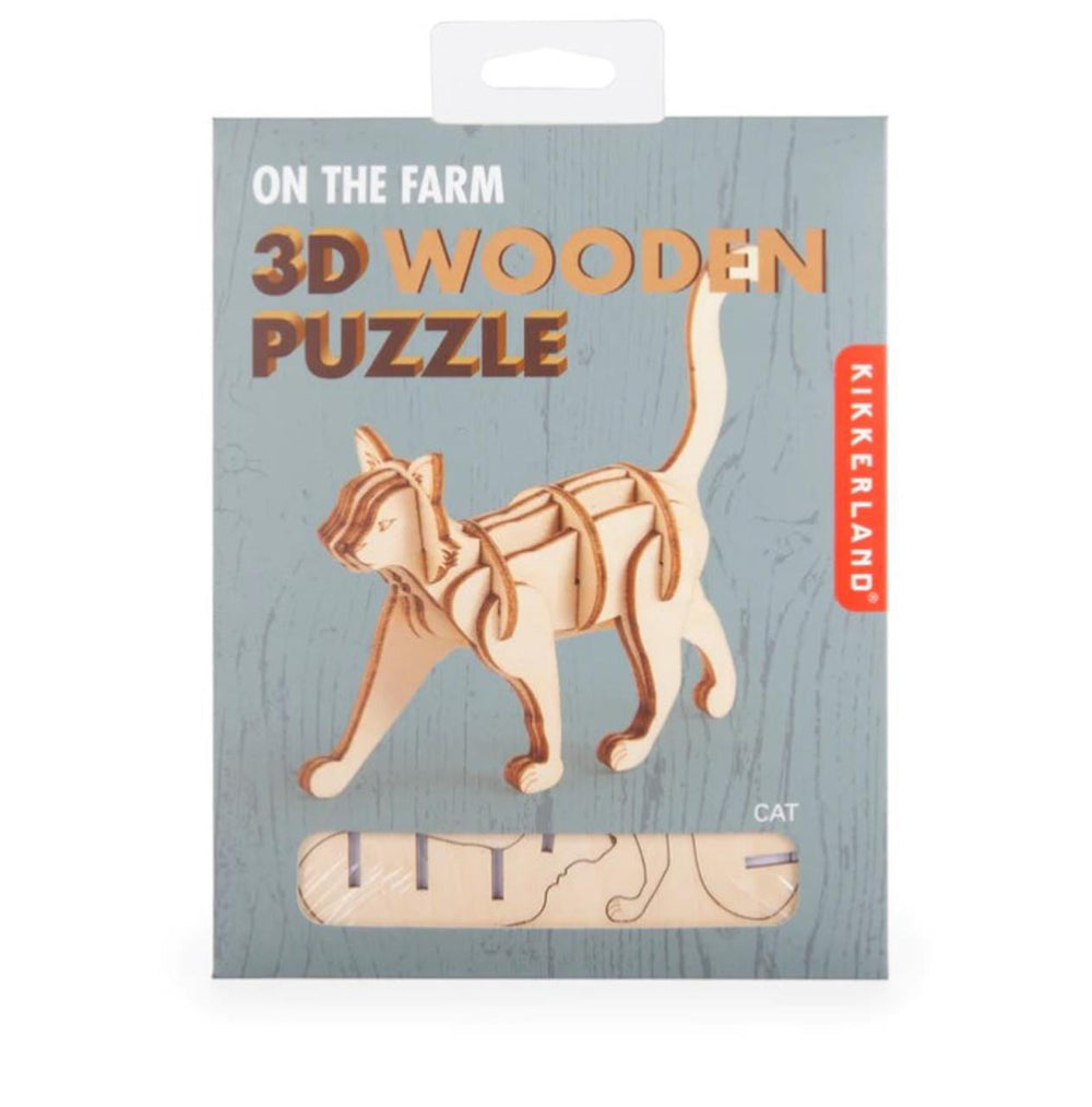 Kikkerland 3D wooden puzzle packaging featuring a cat design on a blue background.