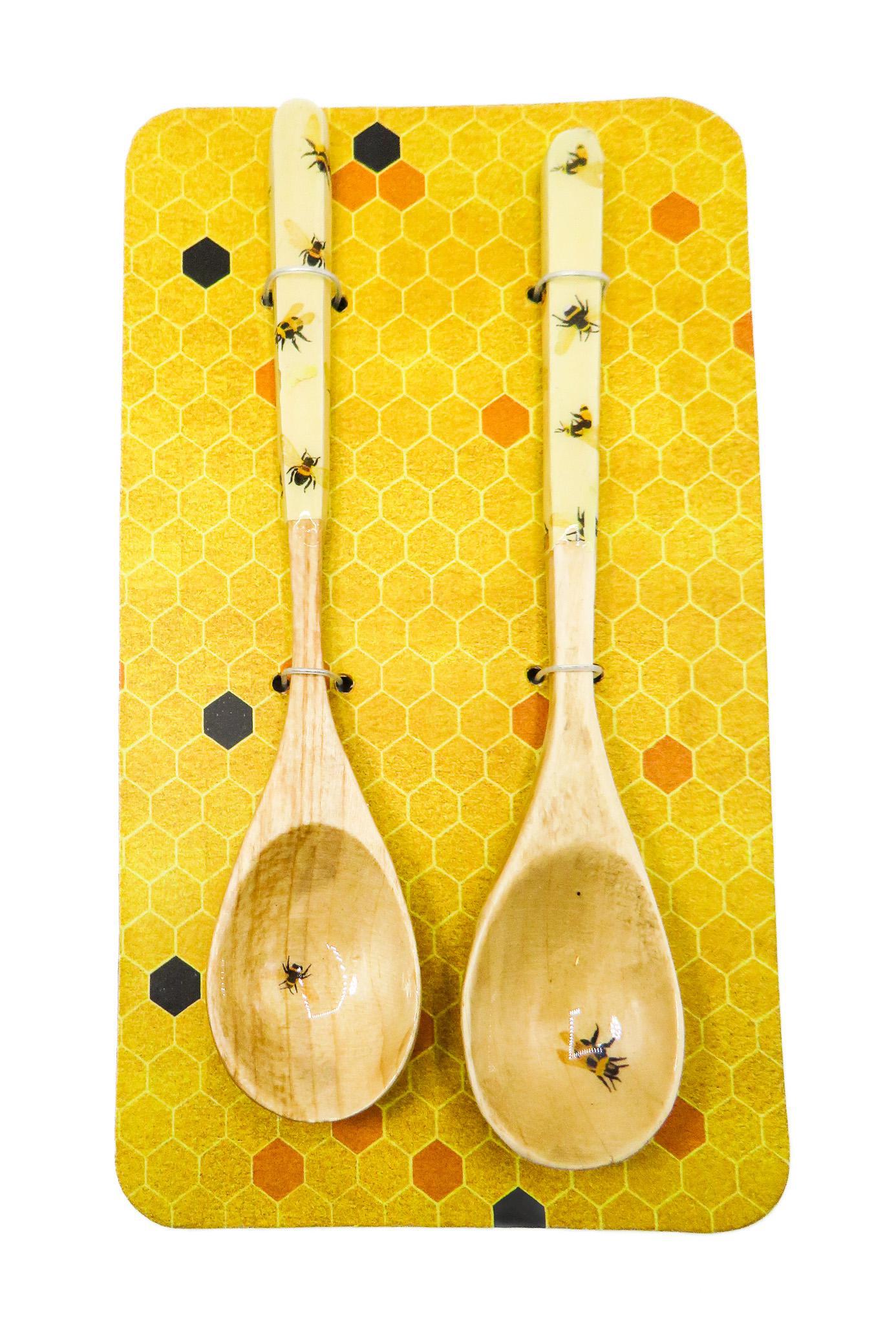 2 Bee Spoon Set - Rustic Wooden Spoons for Cooking & Serving