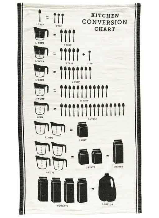 kitchen conversion chart  cotton towel features colorful drawings of measuring spoons, cups, and more