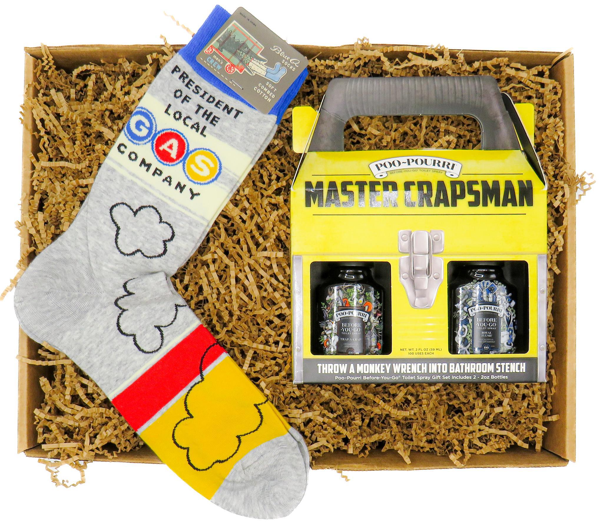 gift box filled with:  socks and Master Crapsman Poo-Pourri package