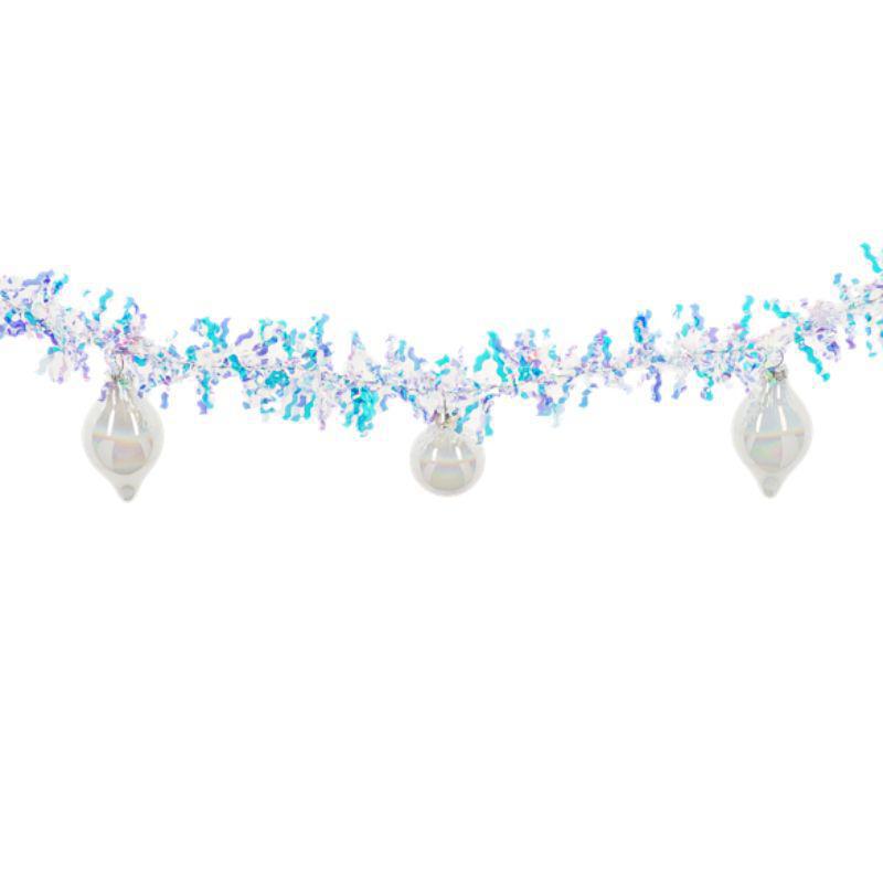Decorative garland with blue and purple tinsel and white bulbs on a white background