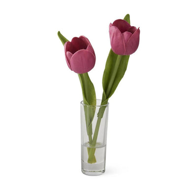 8.5" Real Touch Double Tulip in Glass Vase – Fuchsia Bloom