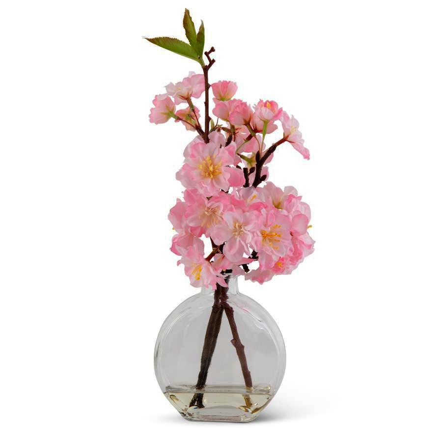 Pink Cherry Blossom in Flat Round Vase, 12"