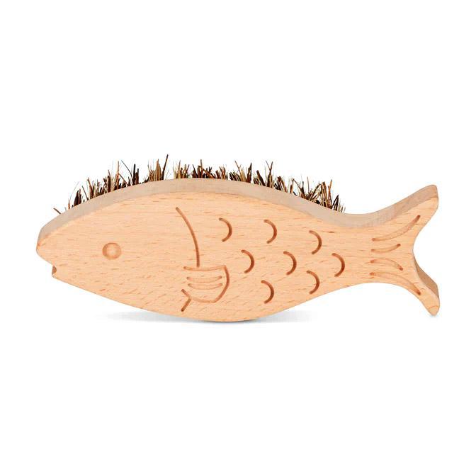 Fish Dish Scrubber! Shaped and carved like a fish with bristles on its side.