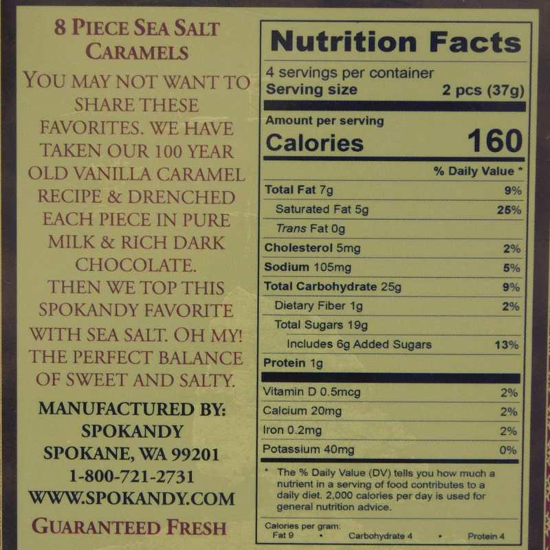 Nutrition label for 8 piece sea salt caramels with product description and contact information.