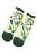 a pair of ankle socks, in white with grey tips with the legend "Plants Get Me" and a cute design of a figurine watering a pot
