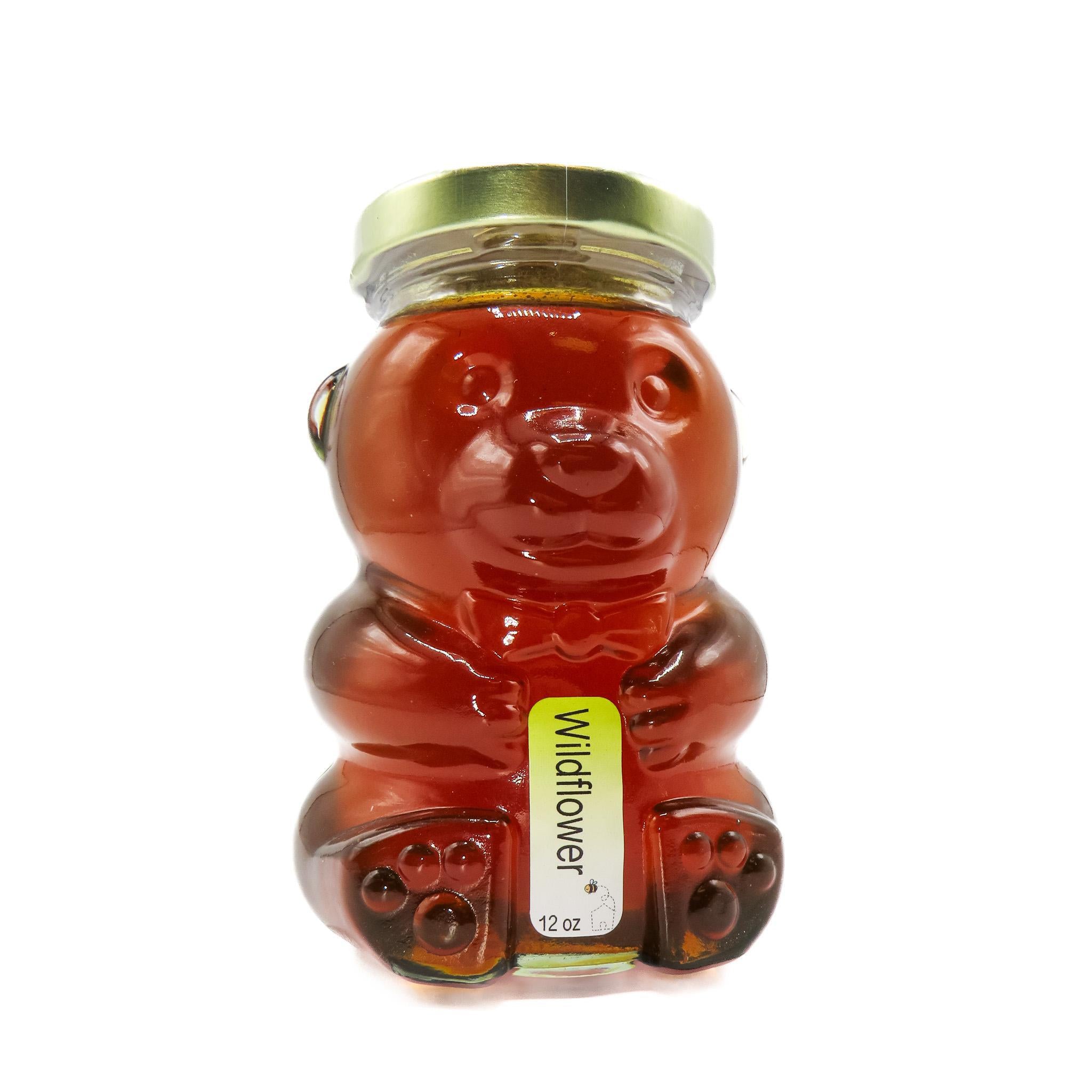 glass bear-shaped bottle contains 12oz of honey sourced from wildflowers