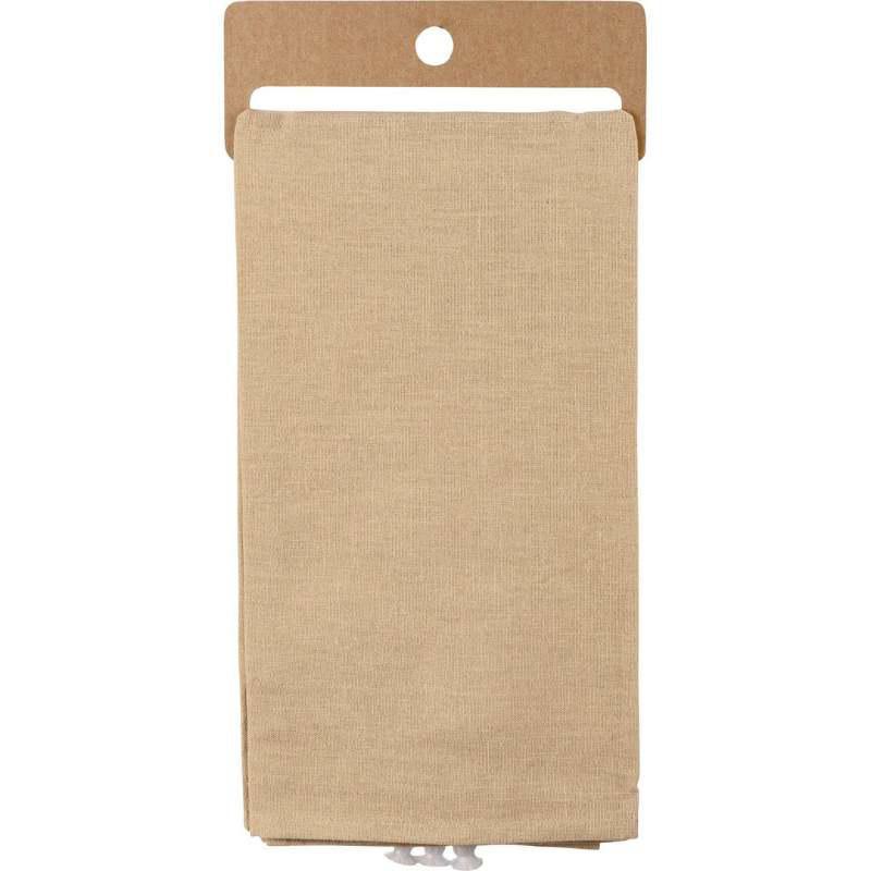 Beige fabric swatch in a cardboard holder on a white background
