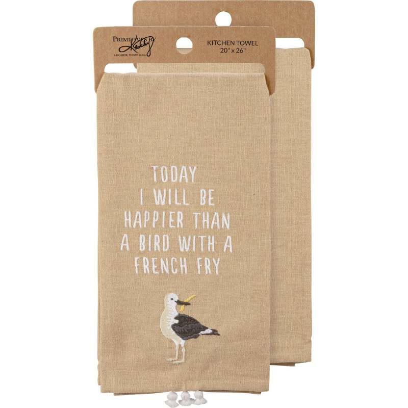 Kraft paper kitchen towel with a bird illustration and text, displayed against a white background.