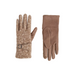 A pair of women's gloves in a warm taupe-brown color, shown from both sides against a light gray background. One glove displays a textured bouclé fabric with a small buckle strap, and the other shows a smoother suede-like finish.