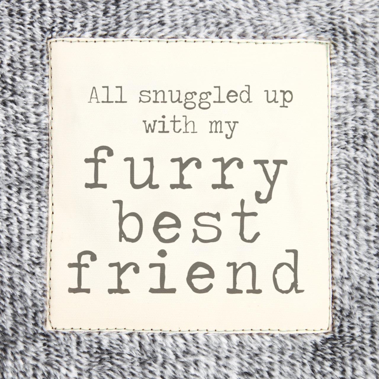 photo of the sentiment in a tag on the blanket that says "All snuggled up with my furry best friend"