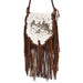 Brown fringe bag with a scenic design on a white background
