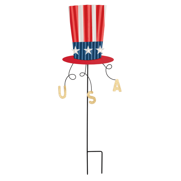 Decorative garden stake with American flag design and 'USA' letters on a white background