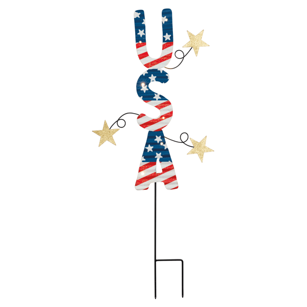 Decorative garden stake with 'USA' and star designs on a white background