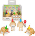 Party frogs with hats and balloons in front of their packaging