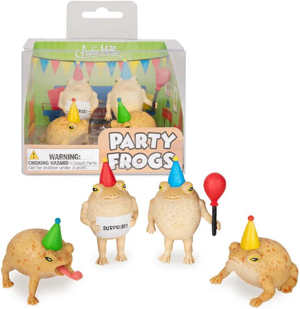 Party frogs with hats and balloons in front of their packaging