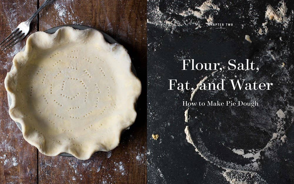 Pie crust on a wooden surface with text about making pie dough.