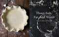 Pie crust on a wooden surface with text about making pie dough.