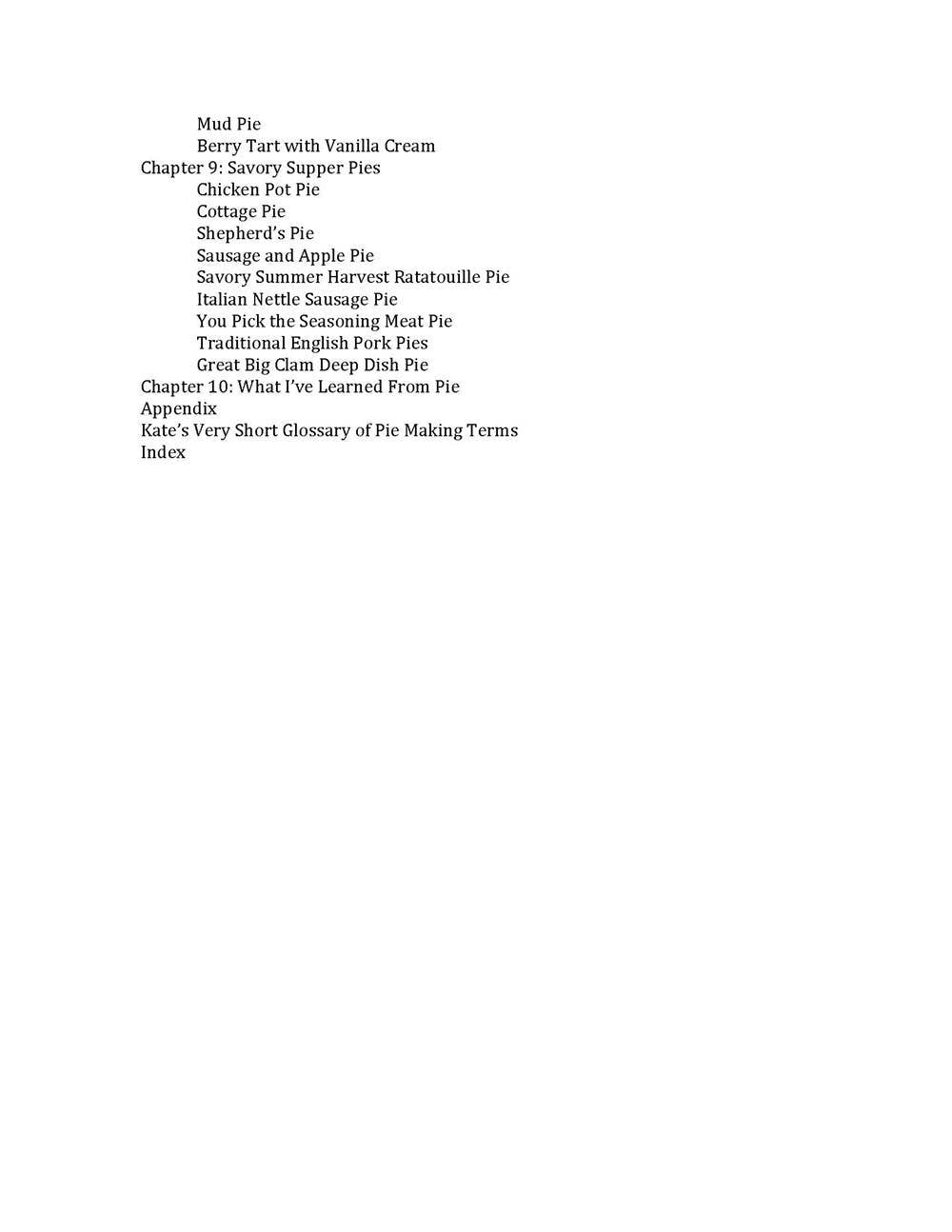 A digital document page displaying a table of contents for a pie-making guide titled 'Mud Pie', with black text on a solid white background.