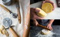 Collage of baking tools and a person rolling dough.