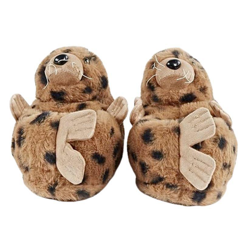 Pair of plush slippers shaped like seals on a white background