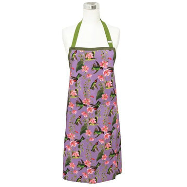 Apron with hummingbird and floral pattern on a mannequin against a white background