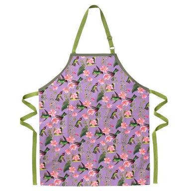 Apron with hummingbird and floral pattern on a purple background
