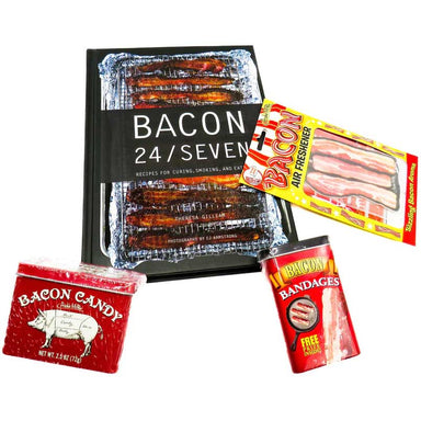 bacon lover gift box made of bacon 24/seven recipe book, bacon air freshener, bacon bandages and bacon candy